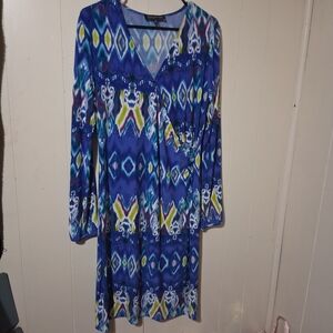 Jones New York Blue Patterned Long Sleeve Dress